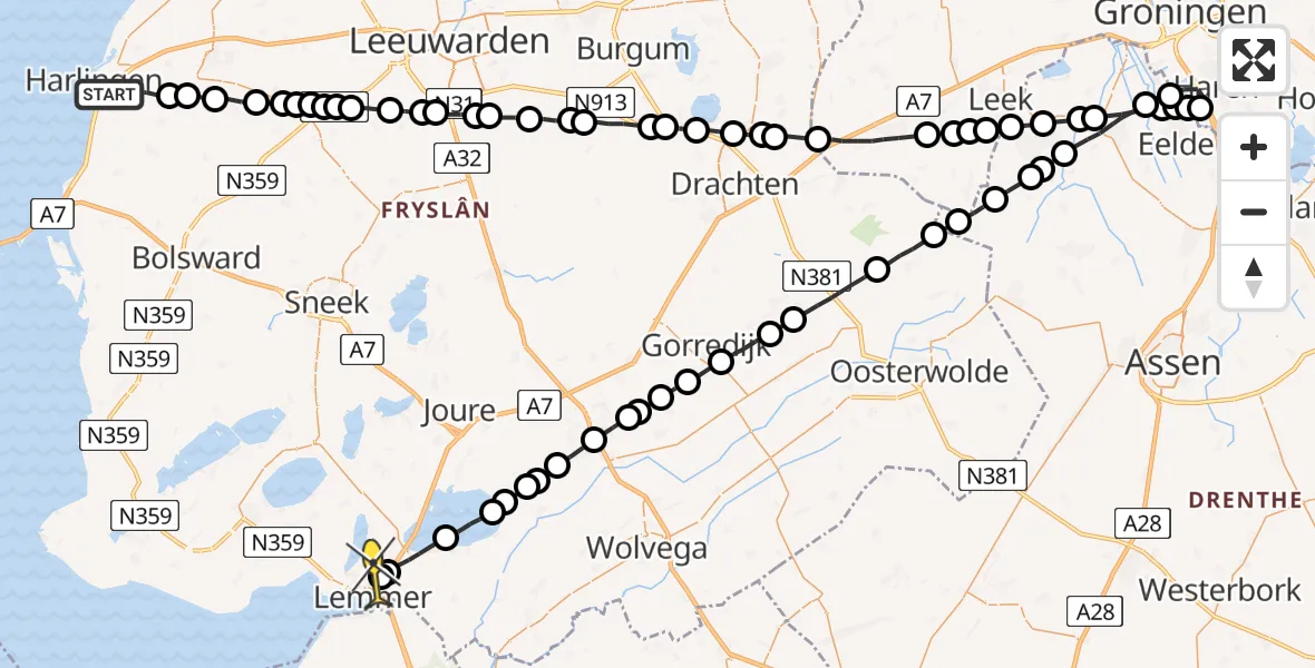 Routekaart van de vlucht: Lifeliner 4 naar Lemmer