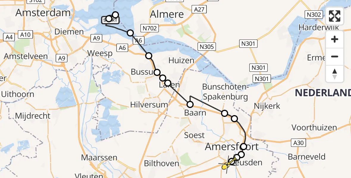 Routekaart van de vlucht: Politieheli naar Leusden