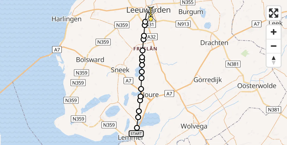 Routekaart van de vlucht: Lifeliner 4 naar Leeuwarden