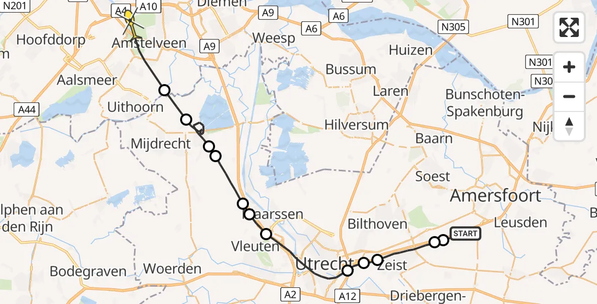 Routekaart van de vlucht: Politieheli naar Amstelveen