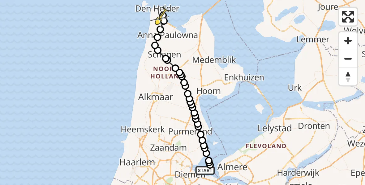 Routekaart van de vlucht: Politieheli naar Vliegveld De Kooy