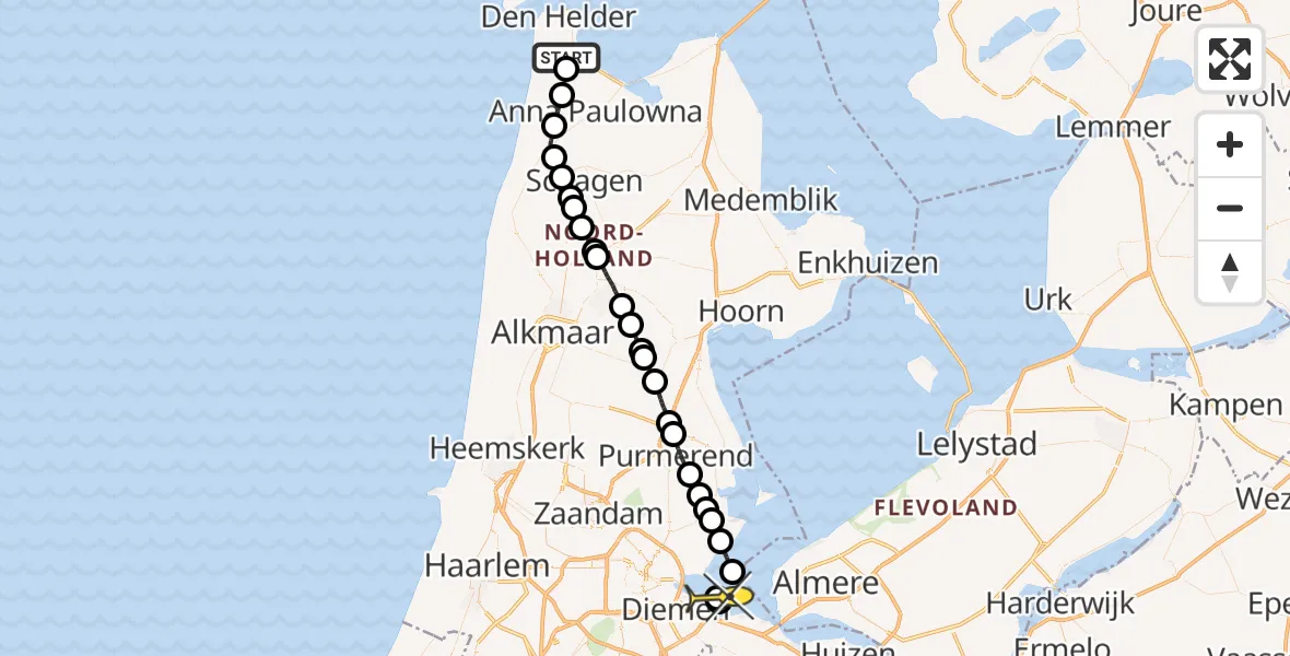 Routekaart van de vlucht: Politieheli naar Amsterdam