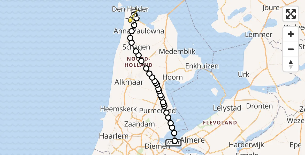 Routekaart van de vlucht: Politieheli naar Vliegveld De Kooy