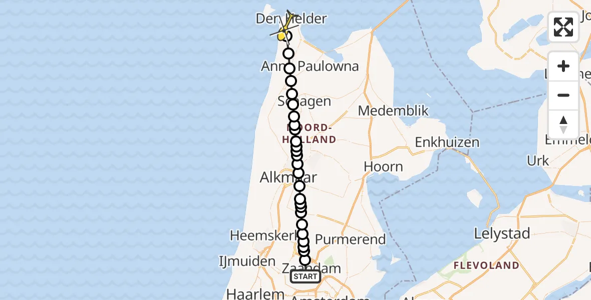 Routekaart van de vlucht: Lifeliner 1 naar Den Helder