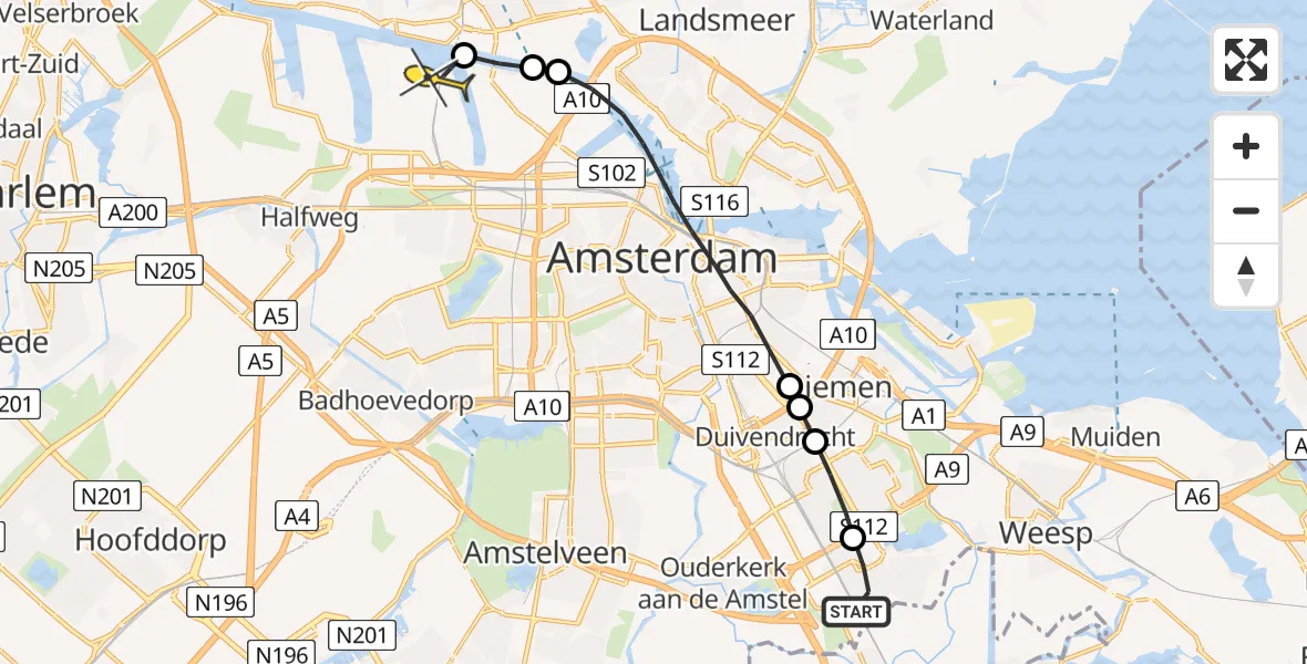 Routekaart van de vlucht: Lifeliner 1 naar Amsterdam Heliport