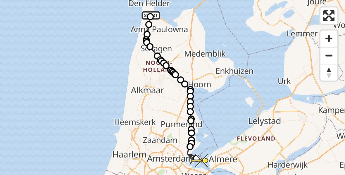 Routekaart van de vlucht: Politieheli naar Muiden