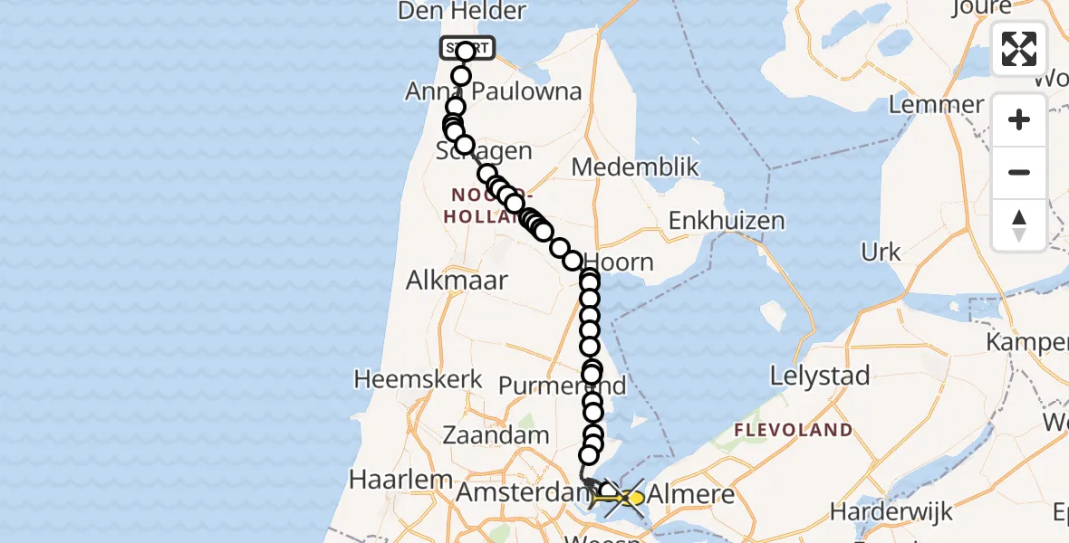 Routekaart van de vlucht: Politiehelikopter naar Muiden