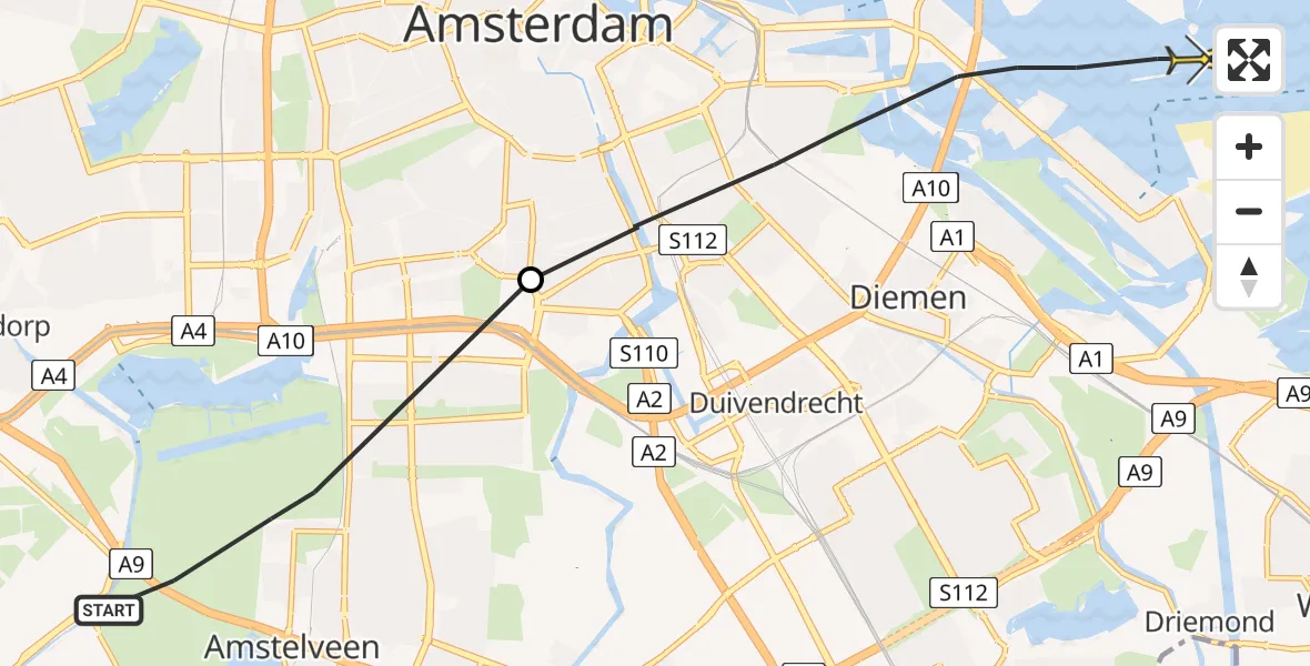 Vluchtroute Politiehelikopter van Amstelveen naar Amsterdam