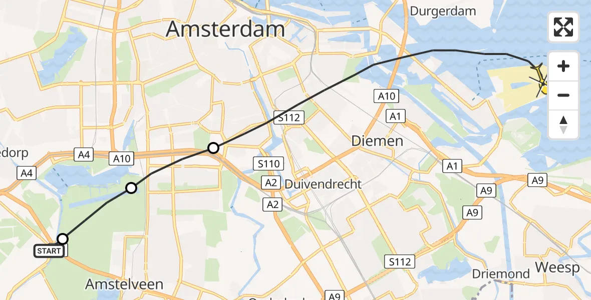 Routekaart van de vlucht: Politieheli naar Amsterdam