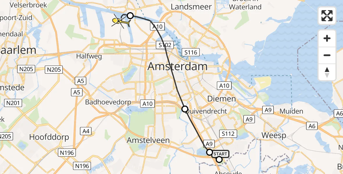 Routekaart van de vlucht: Lifeliner 1 naar Amsterdam Heliport