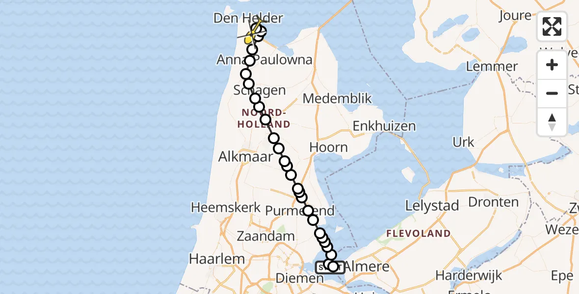 Routekaart van de vlucht: Politieheli naar Vliegveld De Kooy