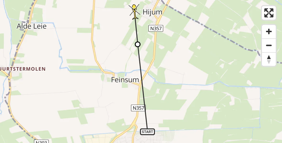 Routekaart van de vlucht: Ambulancehelikopter naar Hijum
