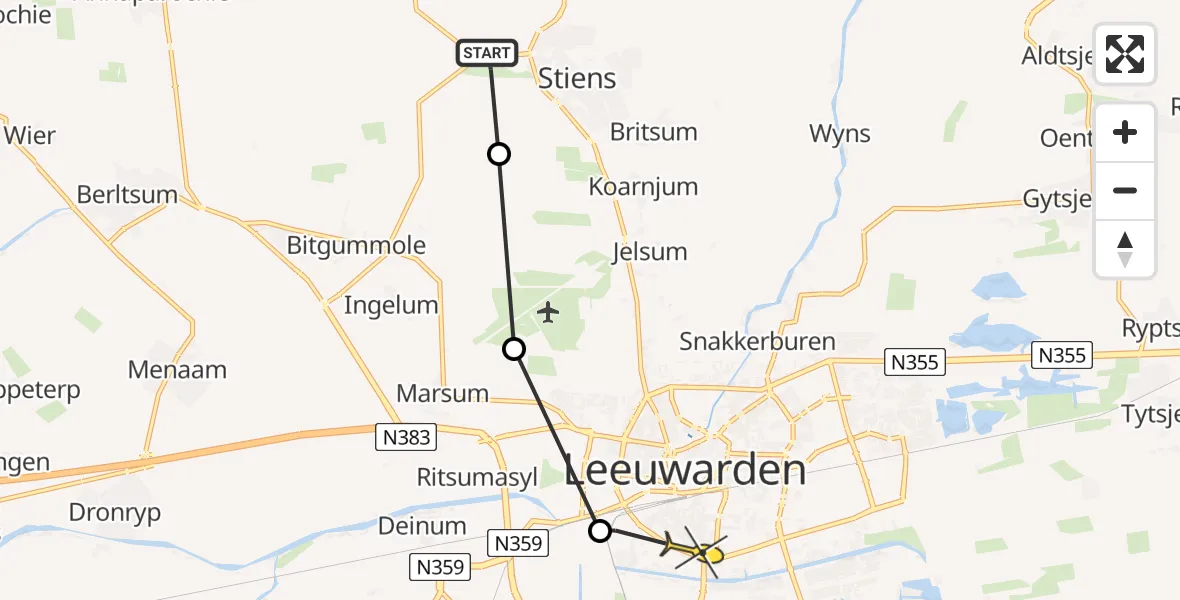 Routekaart van de vlucht: Ambulancehelikopter naar Leeuwarden