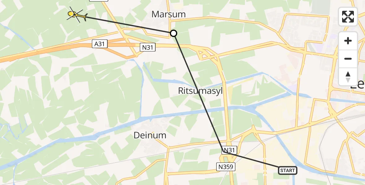 Vluchtroute Ambulancehelikopter van Leeuwarden naar Marsum