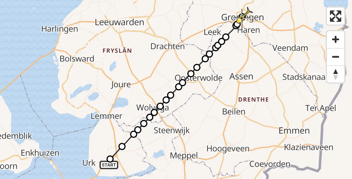 Routekaart van de vlucht: Lifeliner 1 naar Universitair Medisch Centrum Groningen