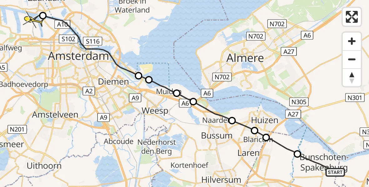 Routekaart van de vlucht: Lifeliner 1 naar Amsterdam Heliport