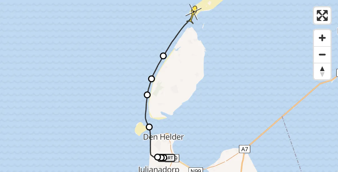 Routekaart van de vlucht: Politiehelikopter naar Vlieland