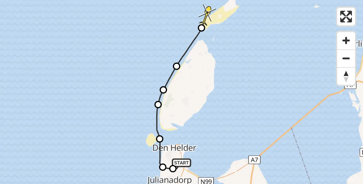 Routekaart van de vlucht: Politieheli naar Vlieland