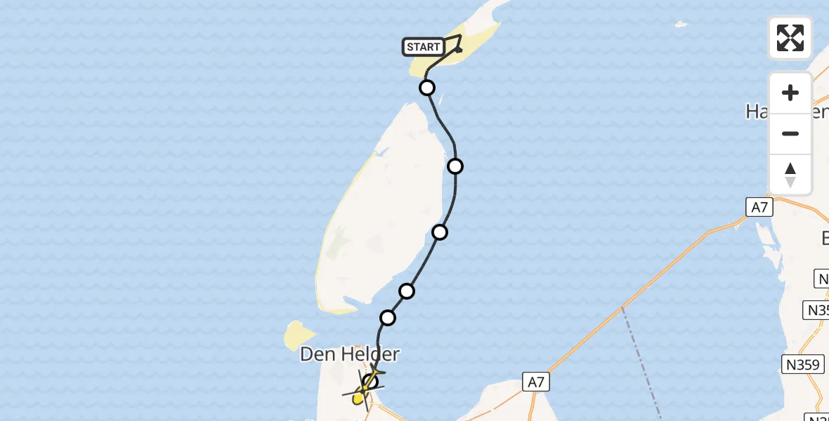 Routekaart van de vlucht: Politiehelikopter naar Vliegveld De Kooy