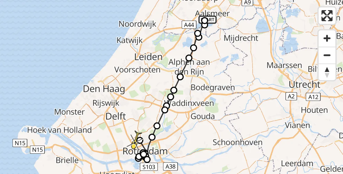 Routekaart van de vlucht: Politieheli naar Rotterdam The Hague Airport