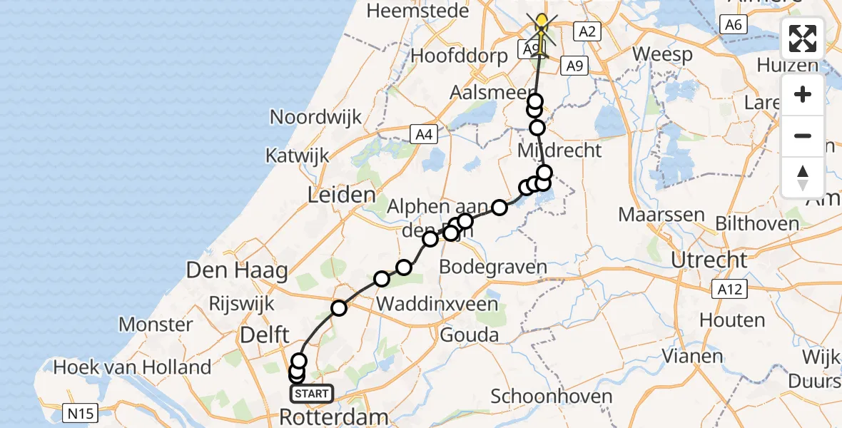 Routekaart van de vlucht: Politieheli naar Amstelveen