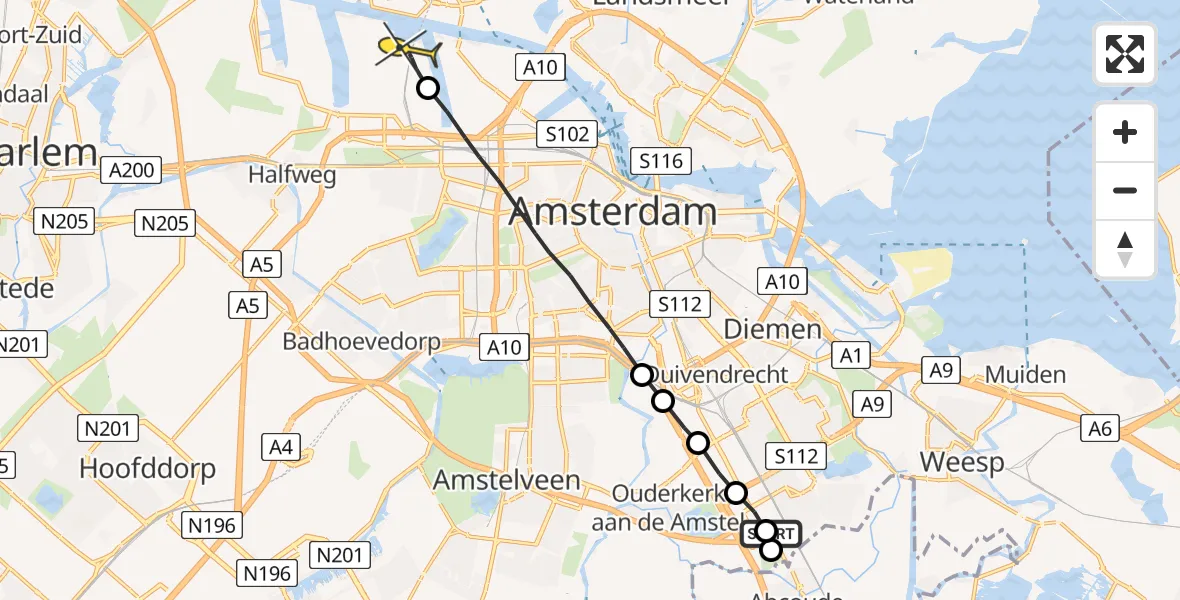 Routekaart van de vlucht: Lifeliner 1 naar Amsterdam Heliport