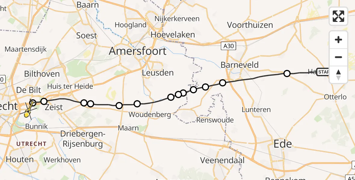 Routekaart van de vlucht: Lifeliner 3 naar Universitair Medisch Centrum Utrecht