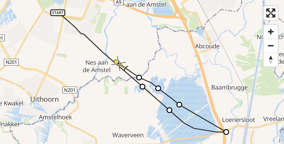 Routekaart van de vlucht: Politieheli naar Ouderkerk aan de Amstel