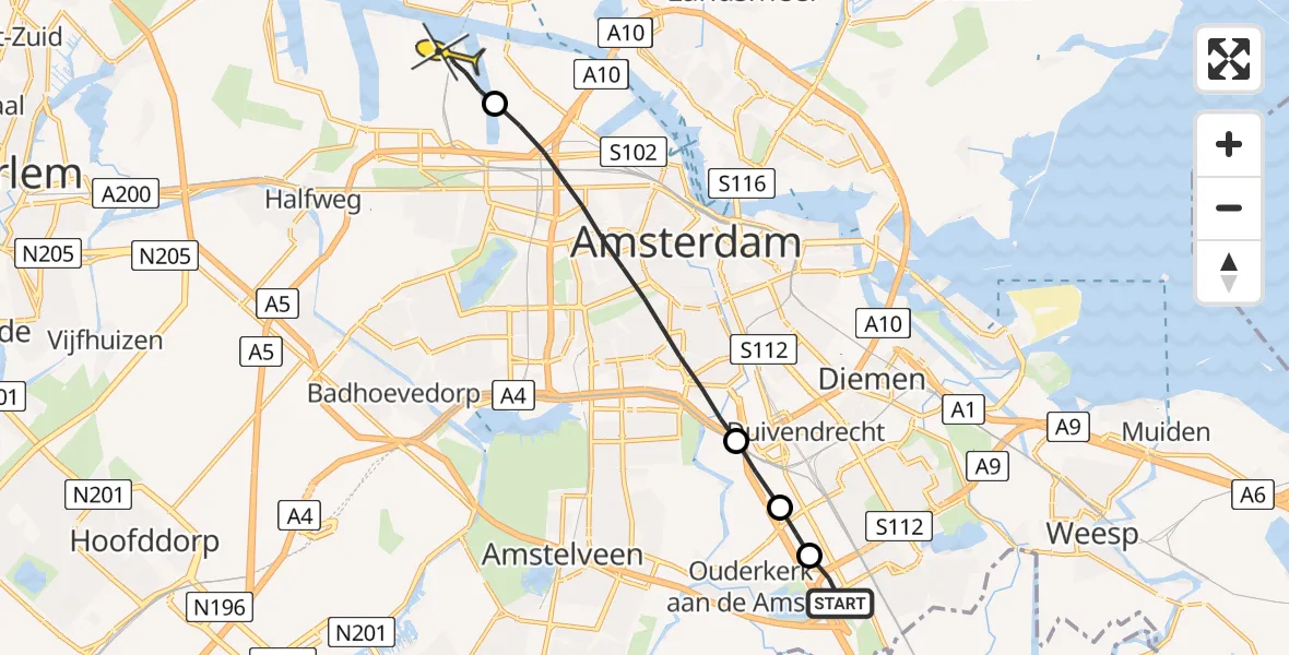 Routekaart van de vlucht: Lifeliner 1 naar Amsterdam Heliport