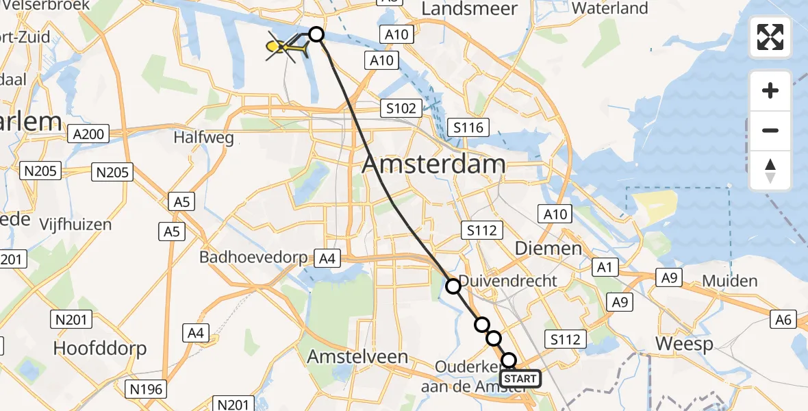 Routekaart van de vlucht: Lifeliner 1 naar Amsterdam Heliport