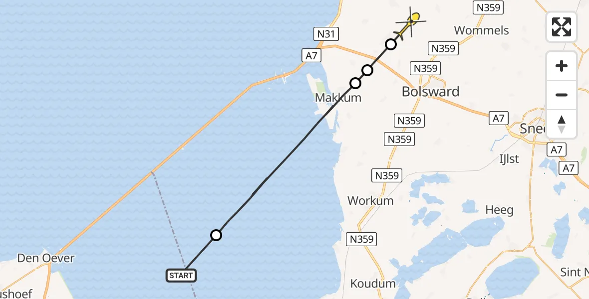 Routekaart van de vlucht: Ambulancehelikopter naar Arum