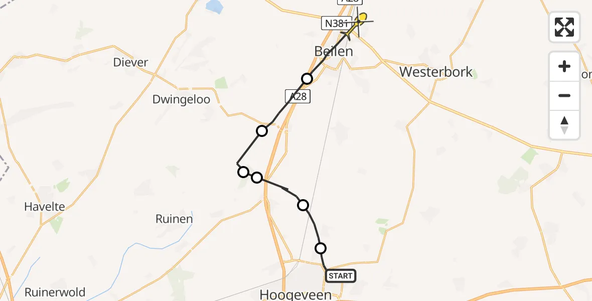 Routekaart van de vlucht: Politieheli naar Beilen