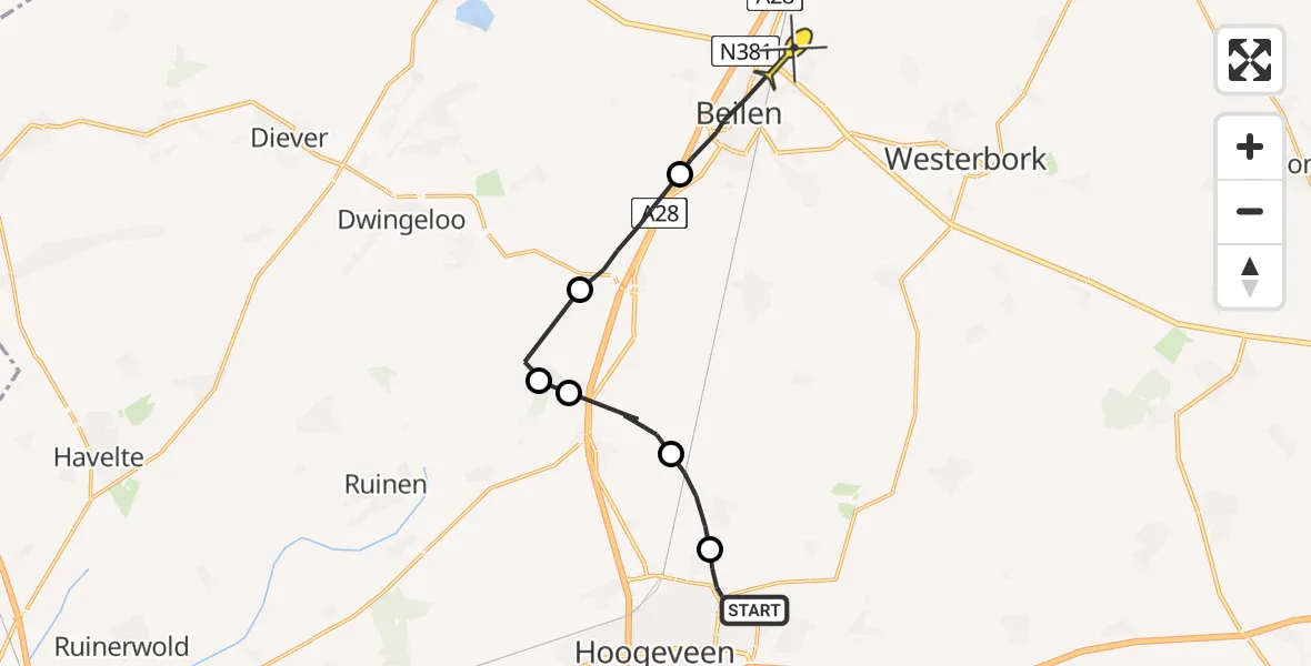 Routekaart van de vlucht: Politiehelikopter naar Beilen