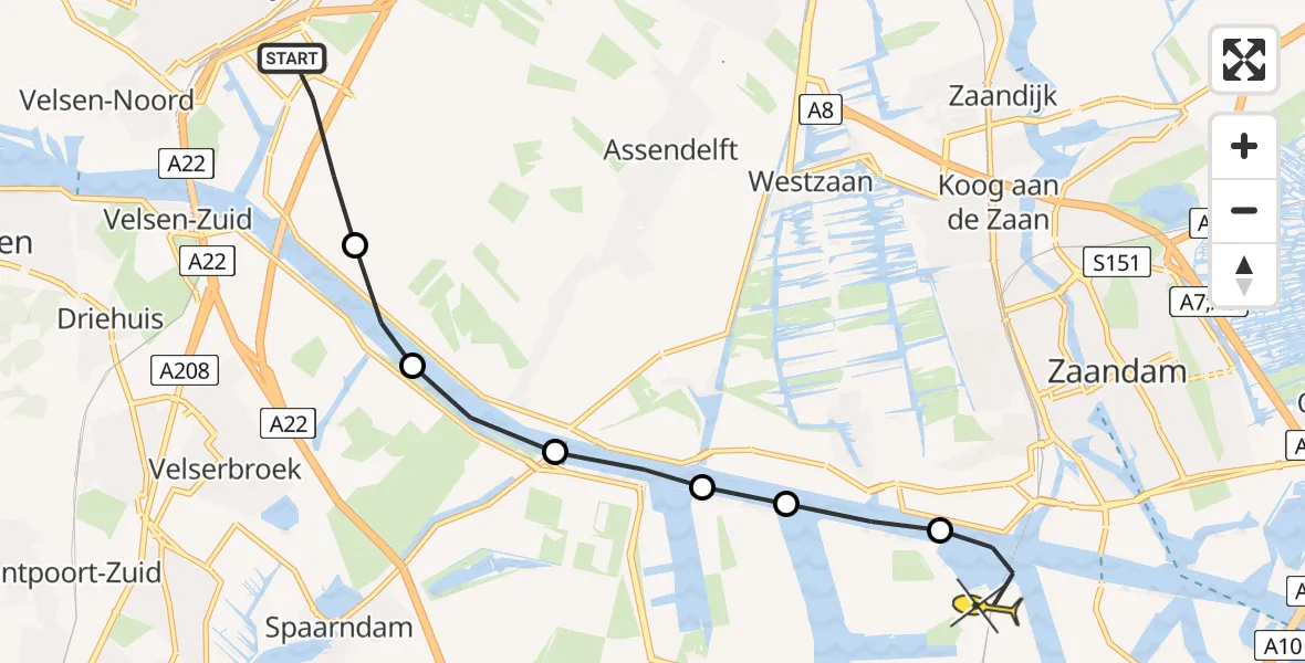 Routekaart van de vlucht: Lifeliner 1 naar Amsterdam Heliport