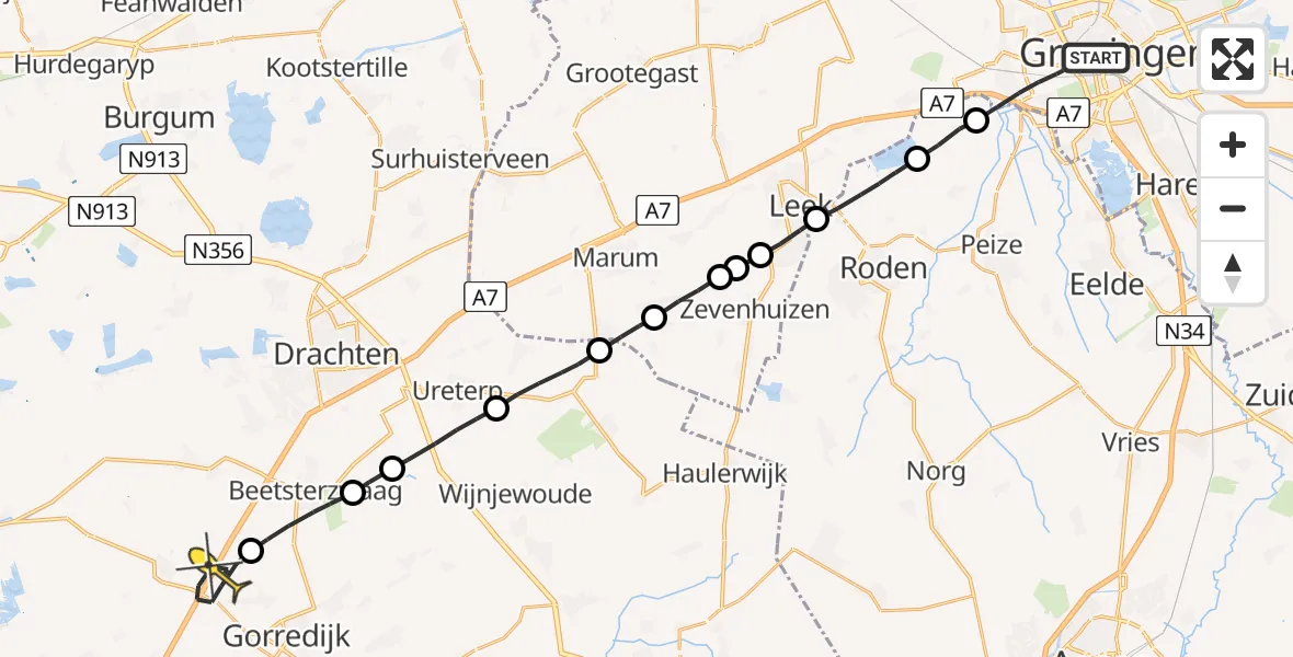 Routekaart van de vlucht: Lifeliner 4 naar Terwispel