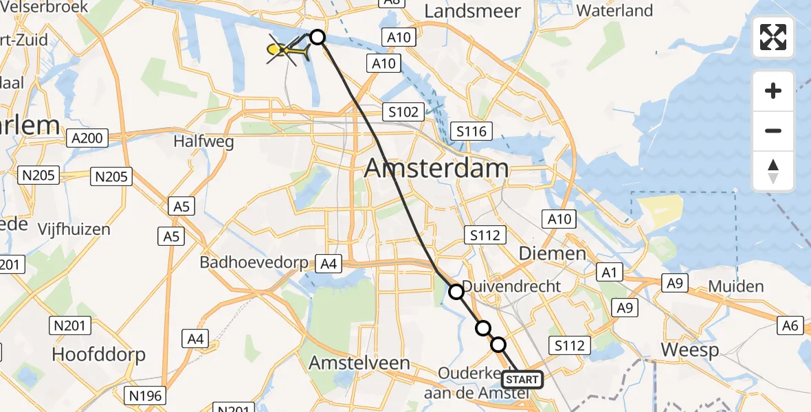 Routekaart van de vlucht: Lifeliner 1 naar Amsterdam Heliport