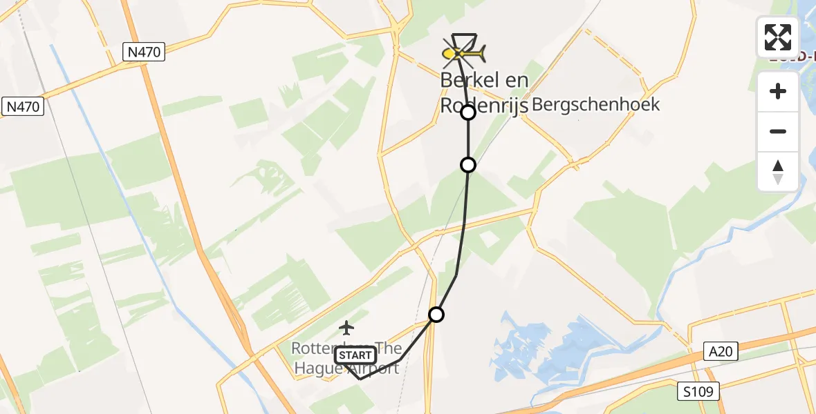 Routekaart van de vlucht: Lifeliner 2 naar Berkel en Rodenrijs