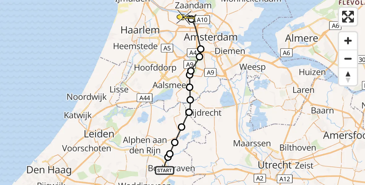 Routekaart van de vlucht: Lifeliner 1 naar Amsterdam Heliport