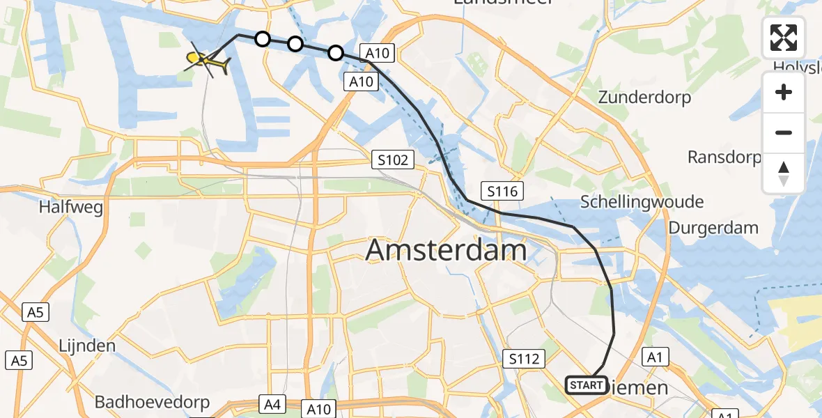 Routekaart van de vlucht: Lifeliner 1 naar Amsterdam Heliport