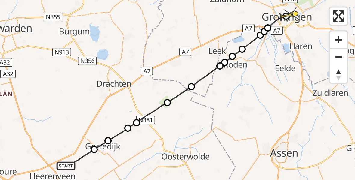 Routekaart van de vlucht: Lifeliner 4 naar Universitair Medisch Centrum Groningen