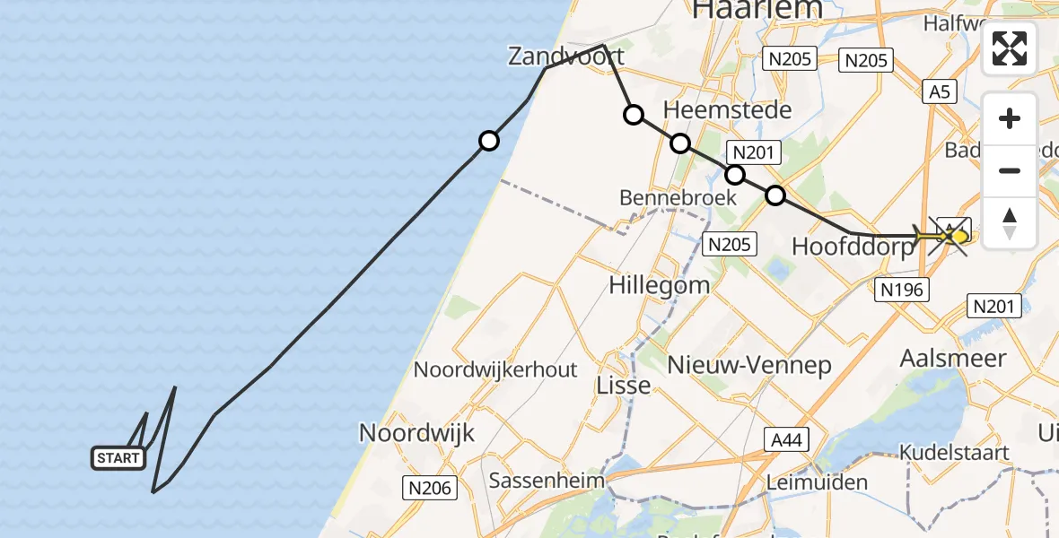 Routekaart van de vlucht: Politieheli naar Luchthaven Schiphol