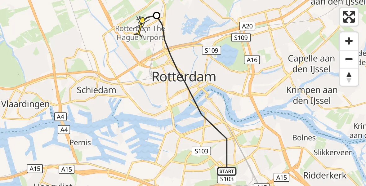 Vluchtroute Politiehelikopter van Rotterdam naar Rotterdam The Hague Airport