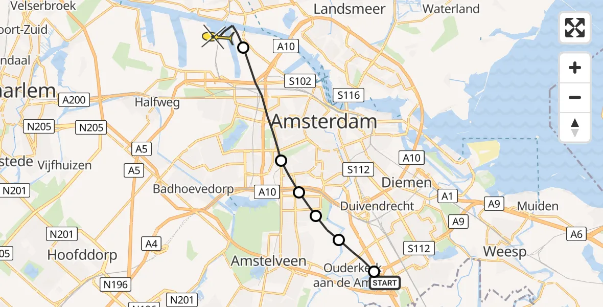 Routekaart van de vlucht: Lifeliner 1 naar Amsterdam Heliport