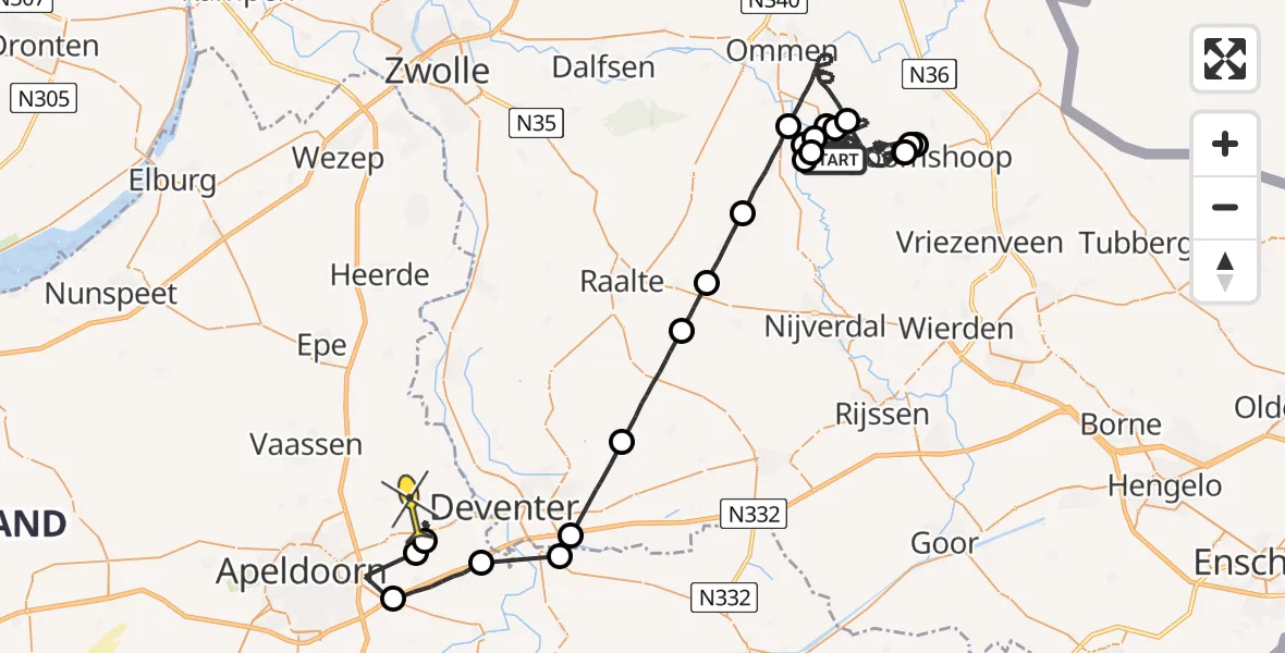 Routekaart van de vlucht: Politiehelikopter naar Terwolde
