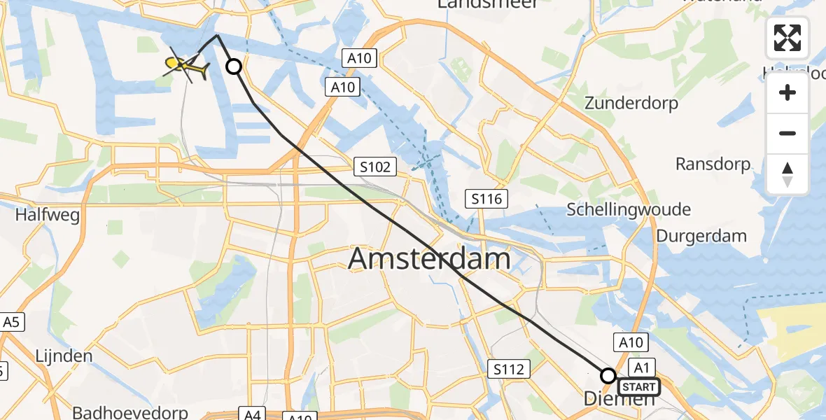 Routekaart van de vlucht: Lifeliner 1 naar Amsterdam Heliport