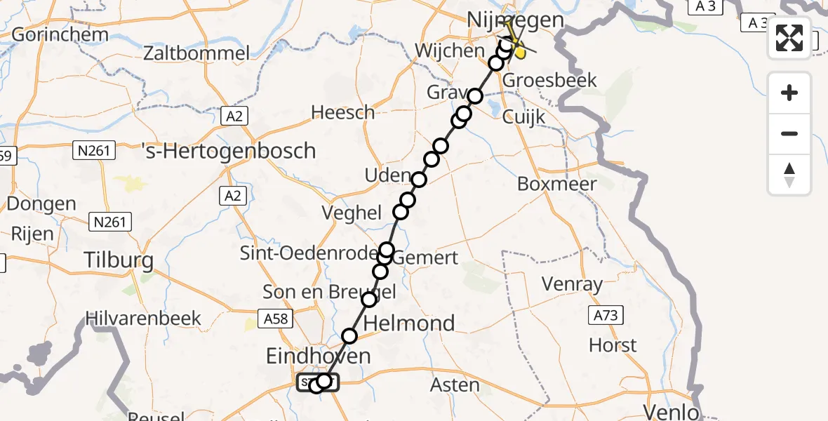 Routekaart van de vlucht: Lifeliner 3 naar Radboud Universitair Medisch Centrum