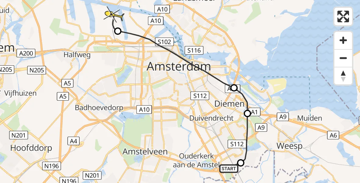 Routekaart van de vlucht: Lifeliner 1 naar Amsterdam Heliport