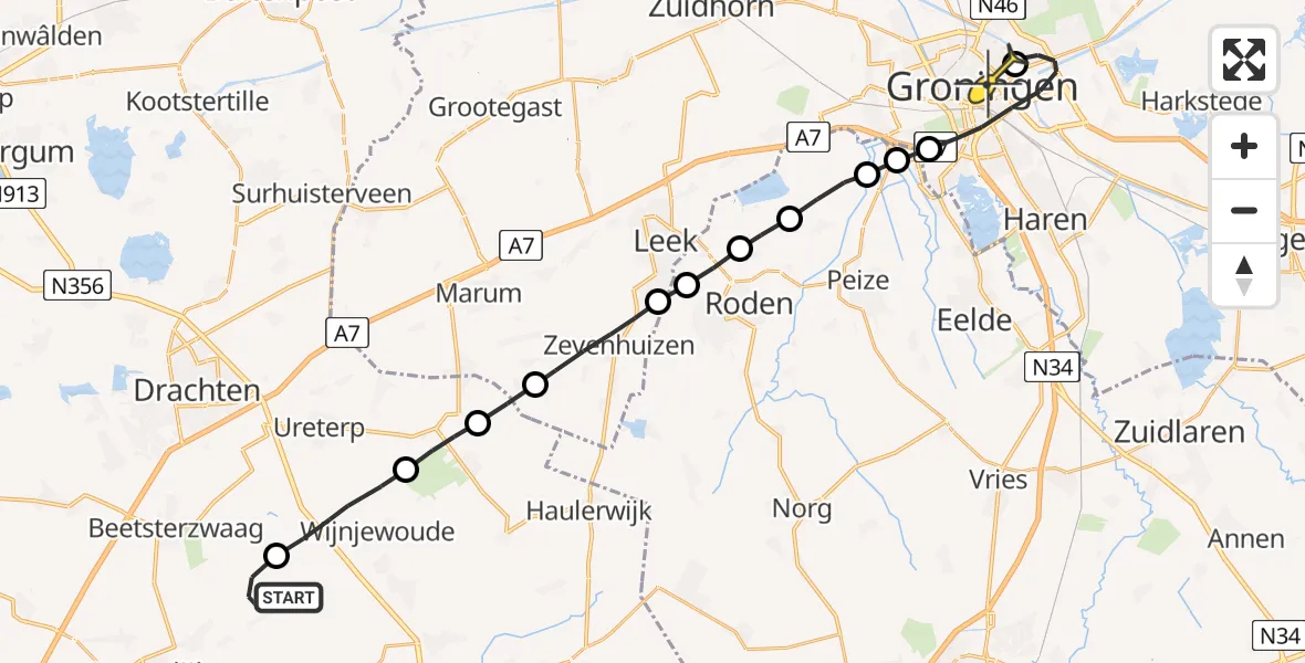 Routekaart van de vlucht: Lifeliner 4 naar Universitair Medisch Centrum Groningen