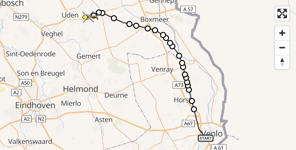 Routekaart van de vlucht: Lifeliner 3 naar Vliegbasis Volkel