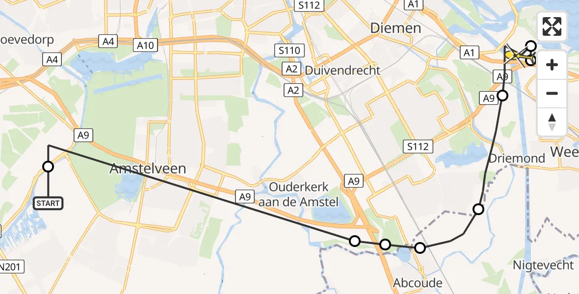 Routekaart van de vlucht: Politieheli naar Diemen